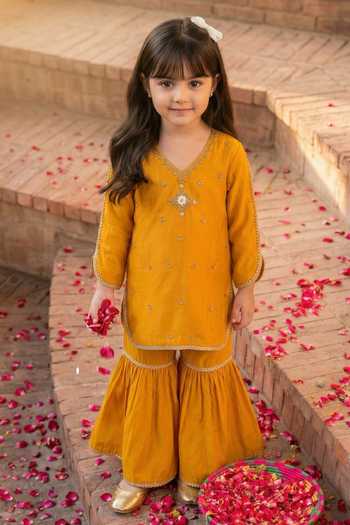 Shop_Petite Pomme_Yellow Silk Embroidery, Mirrors Kurta And Sharara Set _Online_at_Aza_Fashions
