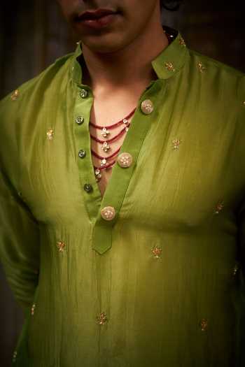 Buy_Hirika & Dhruti_Green Silk, Organza Embroidery Sheer Kurta And Pant Set _Online_at_Aza_Fashions