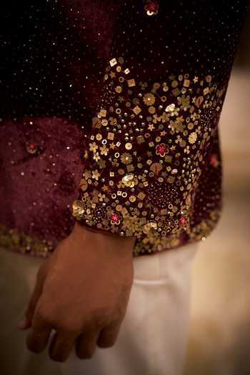 Shop_Hirika & Dhruti_Burgundy Sequin Embroidered Bandhgala For Kids_Online_at_Aza_Fashions
