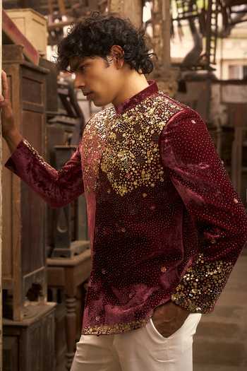 Buy_Hirika & Dhruti_Burgundy Velvet Embroidery, Sequins Bandhgala _Online_at_Aza_Fashions