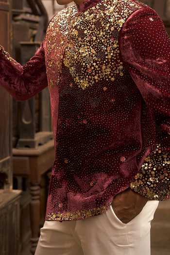Buy_Hirika & Dhruti_Burgundy Sequin Embroidered Bandhgala For Kids