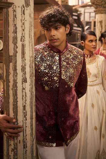 Shop_Hirika & Dhruti_Burgundy Velvet Embroidery, Sequins Bandhgala _Online_at_Aza_Fashions