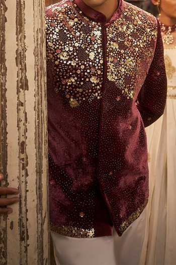Buy_Hirika & Dhruti_Burgundy Sequin Embroidered Bandhgala For Kids_Online_at_Aza_Fashions