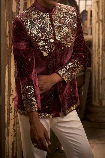 Hirika & Dhruti_Burgundy Sequin Embroidered Bandhgala For Kids_Online_at_Aza_Fashions