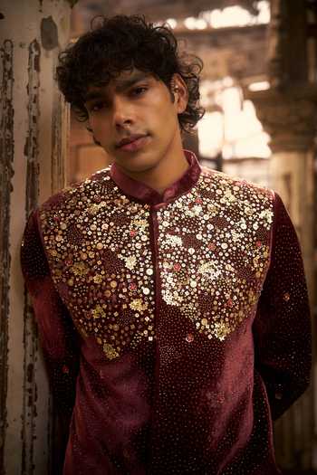Hirika & Dhruti_Burgundy Velvet Embroidery, Sequins Bandhgala _at_Aza_Fashions