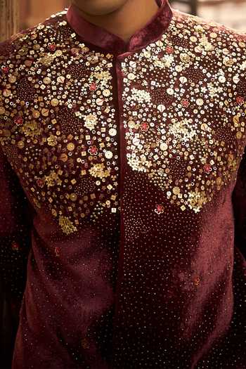 Hirika & Dhruti_Burgundy Sequin Embroidered Bandhgala For Kids_at_Aza_Fashions