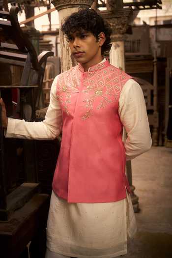 Hirika & Dhruti_Peach Silk, Chanderi, Cotton Embroidery Bundi And Kurta Set _Online_at_Aza_Fashions