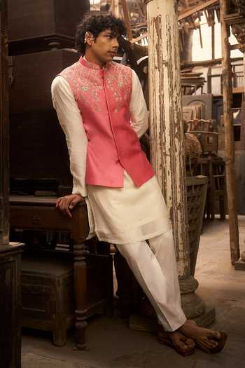 Buy_Hirika & Dhruti_Peach Silk, Chanderi, Cotton Embroidery Bundi And Kurta Set _Online_at_Aza_Fashions
