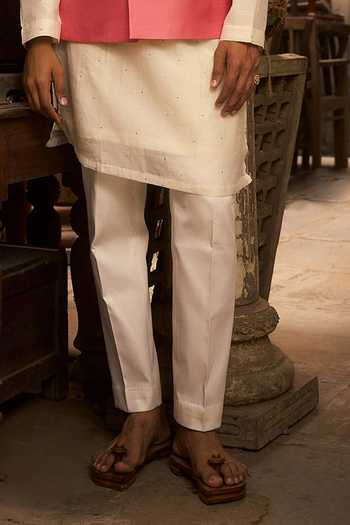 Shop_Hirika & Dhruti_Peach Silk, Chanderi, Cotton Embroidery Bundi And Kurta Set _Online_at_Aza_Fashions