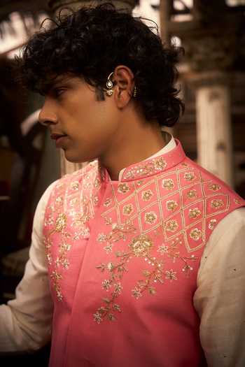 Hirika & Dhruti_Peach Silk, Chanderi, Cotton Embroidery Bundi And Kurta Set _at_Aza_Fashions