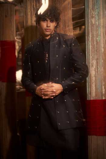 Hirika & Dhruti_Black Silk, Chanderi Embroidery Jacket And Kurta Set _Online_at_Aza_Fashions