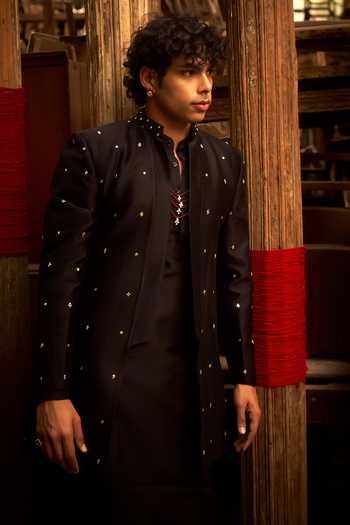 Shop_Hirika & Dhruti_Black Silk, Chanderi Embroidery Jacket And Kurta Set _Online_at_Aza_Fashions