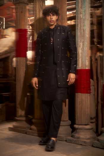 Hirika & Dhruti_Black Silk, Chanderi Embroidery Jacket And Kurta Set _at_Aza_Fashions