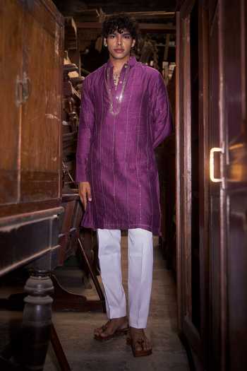 Hirika & Dhruti Purple Chanderi Embroidery Tikki Lines Kurta Set Online at Aza Fashions Hirika & Dhruti_Purple Chanderi Embroidery Tikki Lines Kurta Set _Online_at_Aza_Fashions