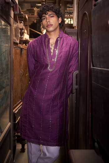 Buy Hirika & Dhruti Purple Chanderi Embroidery Tikki Lines Kurta Set Online at Aza Fashions Buy_Hirika & Dhruti_Purple Chanderi Embroidery Tikki Lines Kurta Set _Online_at_Aza_Fashions