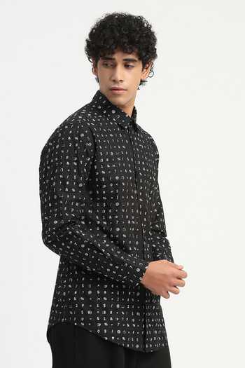 ABRAHAM AND THAKORE_Black Cambric Alphabet Print Shirt _at_Aza_Fashions