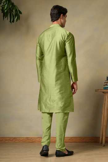 Shop Pomcha Jaipur Green Silk, Cotton Chaap Mehendi Kurta Set at Aza Fashions Shop_Pomcha Jaipur_Green Silk, Cotton Chaap Mehendi Kurta Set _at_Aza_Fashions