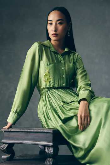 EASE_Green Silk Embroidery Collared Elina Placement Dress _Online_at_Aza_Fashions