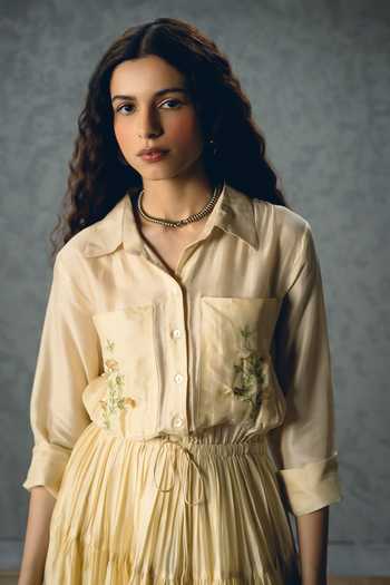 EASE_Ivory Silk Embroidery Button-down Neck Elina Placement Dress _Online_at_Aza_Fashions