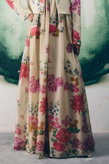 EASE_Ivory Silk Round Neck Yume Floral Print Jumpsuit And Jacket Set _Online_at_Aza_Fashions