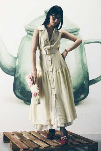 EASE_Ivory Silk, Crepe Embroidery, Buckles V-neck, Kori Buttoned Dress With Belt _Online_at_Aza_Fashions