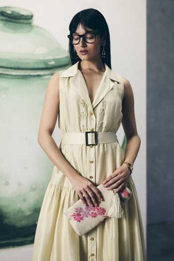 Buy_EASE_Ivory Silk, Crepe Embroidery, Buckles V-neck, Kori Buttoned Dress With Belt _Online_at_Aza_Fashions
