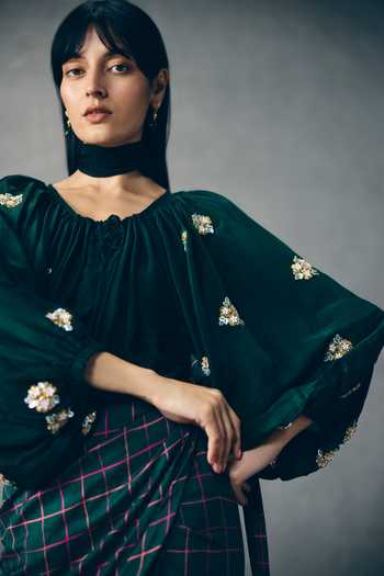 EASE_Green Silk Organza Embroidery High Neck Ruri Shirt And Skirt Set _Online_at_Aza_Fashions