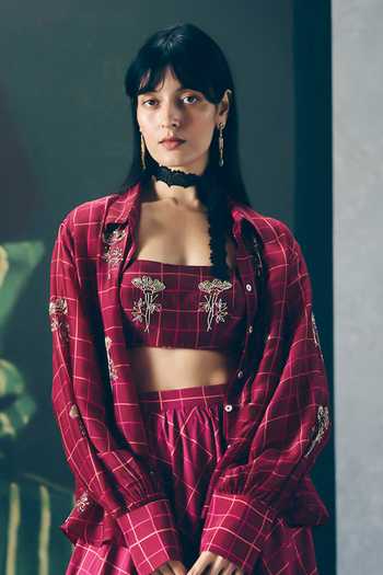 Buy_EASE_Maroon Organza, Silk, Poplin Embroidery Haruki Checkered Print Shirt And Skirt Set _Online_at_Aza_Fashions