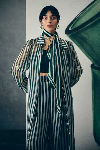EASE_Green Organza Embroidery, Stones Collared Midori Stripe Print Kurta And Pant Set _Online_at_Aza_Fashions