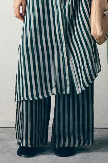 EASE_Green Organza, Shantoon Sequins, Beads Collared, Yes Midori Print Kurta Set _Online_at_Aza_Fashions