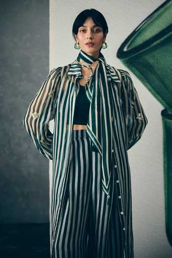 Buy_EASE_Green Organza, Shantoon Sequins, Beads Collared, Yes Midori Print Kurta Set _Online_at_Aza_Fashions