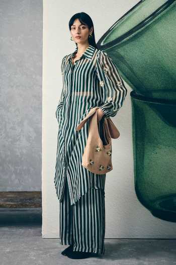 Shop_EASE_Green Organza, Shantoon Sequins, Beads Collared, Yes Midori Print Kurta Set _Online_at_Aza_Fashions