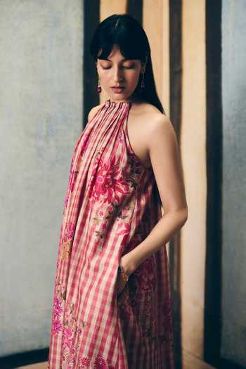 EASE_Pink Silk Embroidery Halter Neck Risa Gingham Print Kurta And Palazzo Set _Online_at_Aza_Fashions