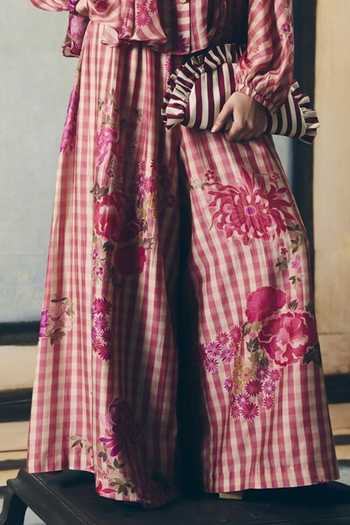 EASE_Pink Organza, Mandarin Collar Eri Gingham Print Shirt And Palazzo Set _Online_at_Aza_Fashions