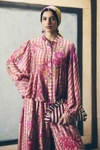 Buy_EASE_Pink Organza, Mandarin Collar Eri Gingham Print Shirt And Palazzo Set _Online_at_Aza_Fashions
