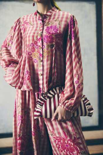Shop_EASE_Pink Organza, Mandarin Collar Eri Gingham Print Shirt And Palazzo Set _Online_at_Aza_Fashions