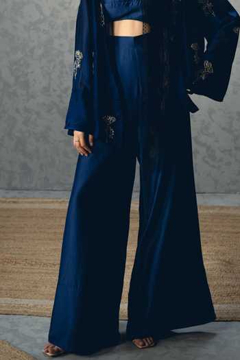 Shop_EASE_Navy Organza, Embroidery Open , Square Mujo Shirt And Pant Set _Online_at_Aza_Fashions