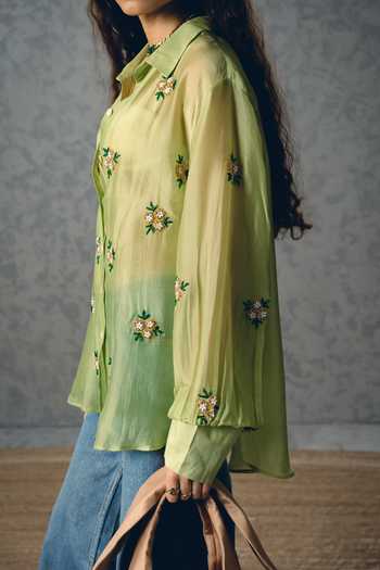 EASE_Green Silk Organza Embroidery Collared Romy Shirt _Online_at_Aza_Fashions