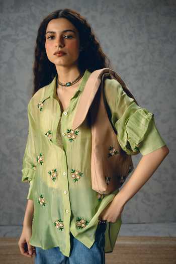 Buy_EASE_Green Silk Organza Embroidery Collared Romy Shirt _Online_at_Aza_Fashions
