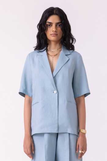 The Summer House_Blue Linen Notched Neck Jo Jacket _Online_at_Aza_Fashions