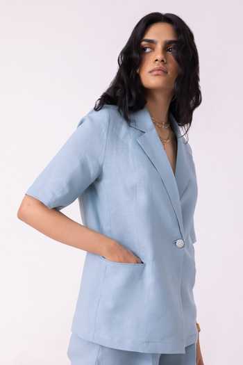 Buy_The Summer House_Blue Linen Notched Neck Jo Jacket _Online_at_Aza_Fashions