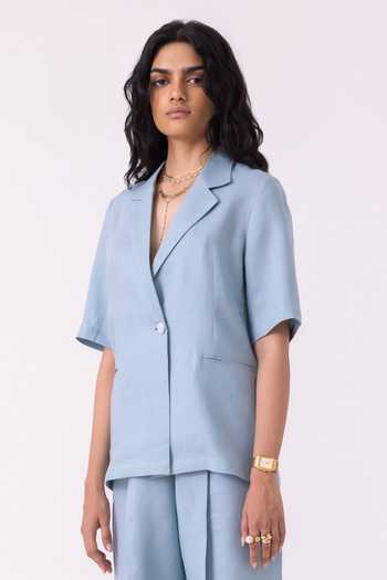 Shop_The Summer House_Blue Linen Notched Neck Jo Jacket _Online_at_Aza_Fashions