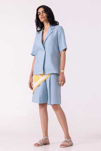 The Summer House_Blue Linen Notched Neck Jo Jacket _at_Aza_Fashions
