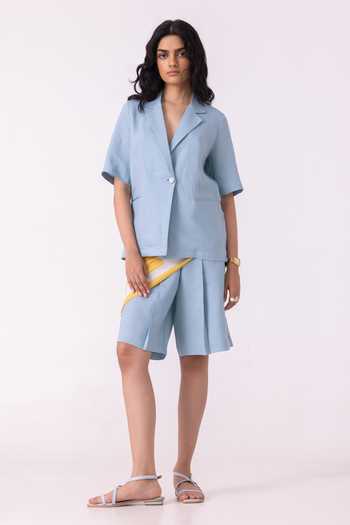 Buy_The Summer House_Blue Linen Notched Neck Jo Jacket 