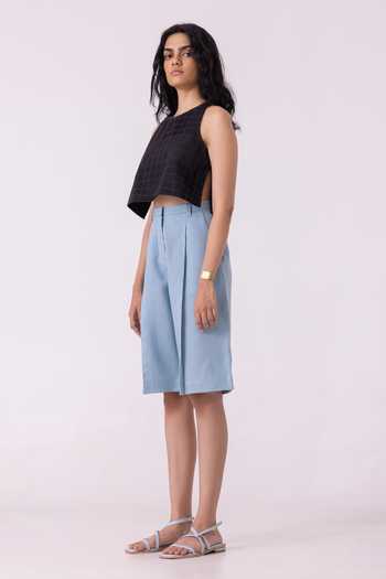 The Summer House_Blue Linen March Pleated Shorts _Online_at_Aza_Fashions