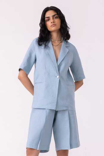 Buy_The Summer House_Blue Linen March Pleated Shorts _Online_at_Aza_Fashions