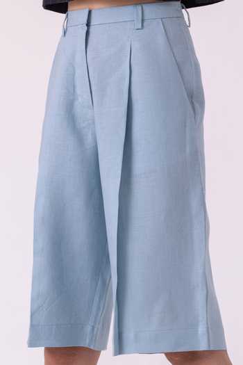 Shop_The Summer House_Blue Linen March Pleated Shorts _Online_at_Aza_Fashions