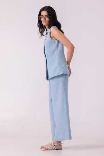 The Summer House_Blue Linen Shawl Neck Serena Vest _Online_at_Aza_Fashions