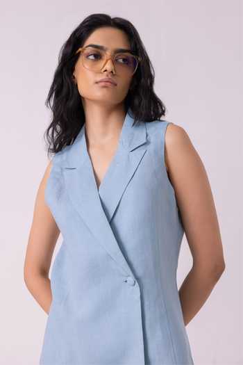 Buy_The Summer House_Blue Linen Shawl Neck Serena Vest _Online_at_Aza_Fashions