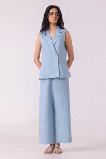 Shop_The Summer House_Blue Linen Shawl Neck Serena Vest _Online_at_Aza_Fashions